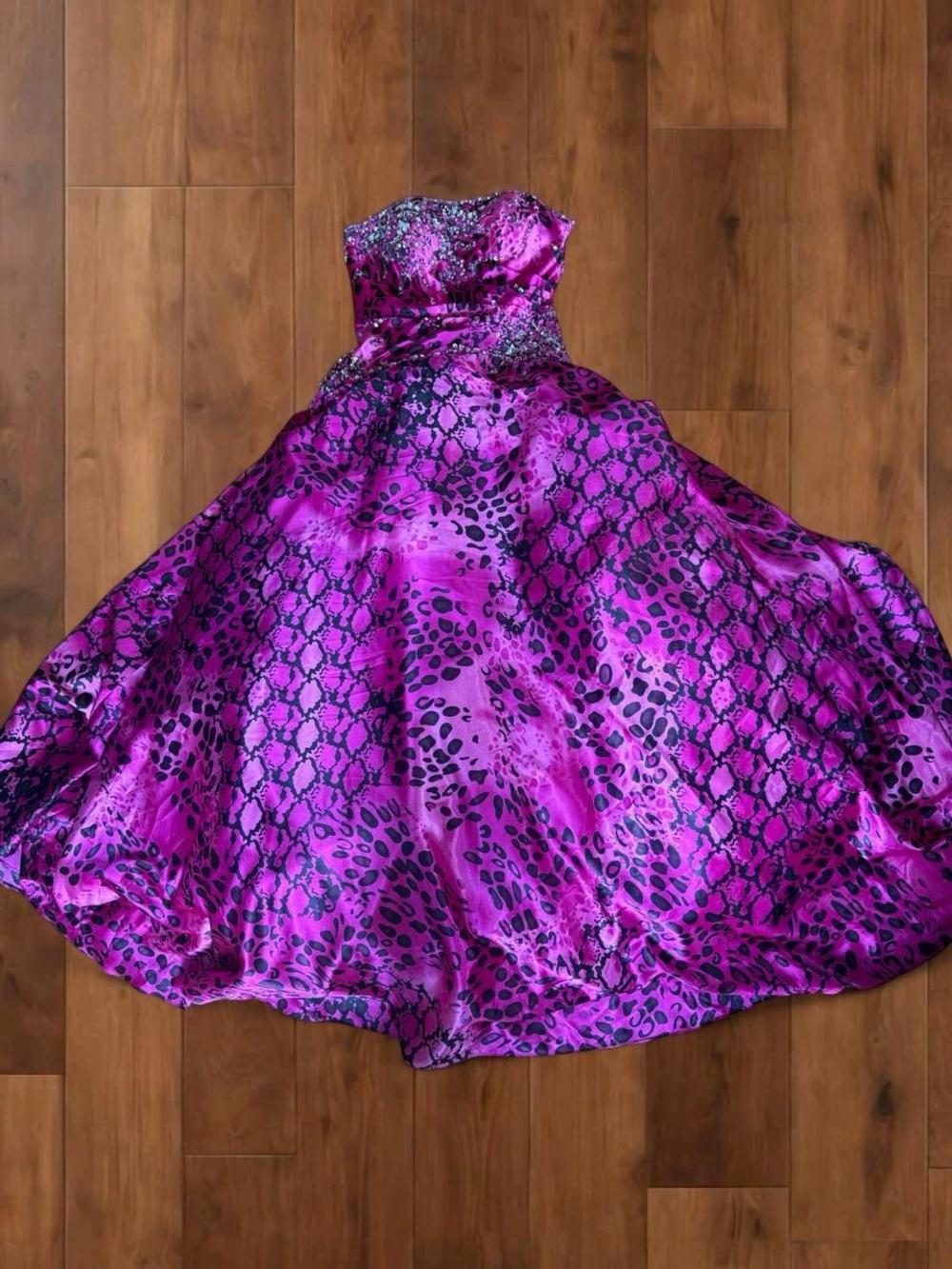Tiffany Designs Fuchsia and Black Animal-Print Satin Prom Dress